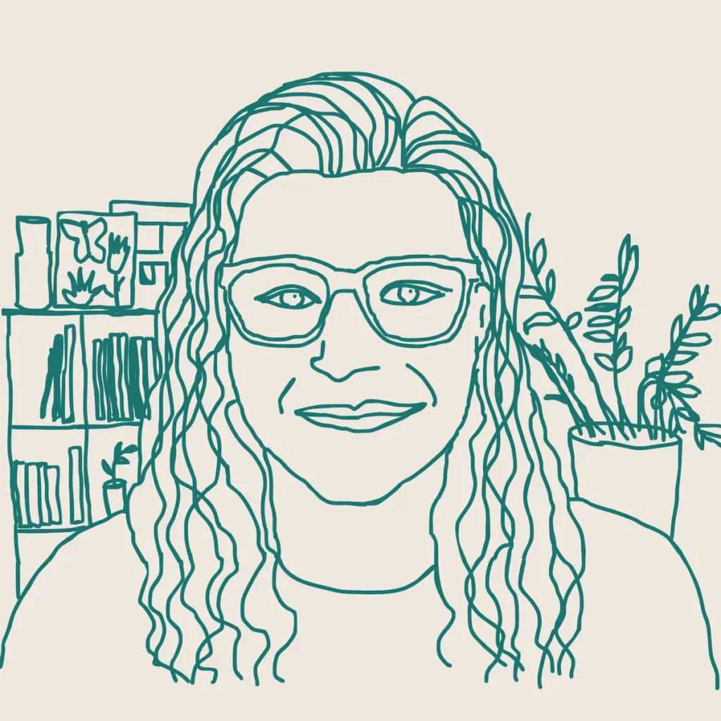 Drawing of Annie smiling in front of a background of a bookshelf with plants.